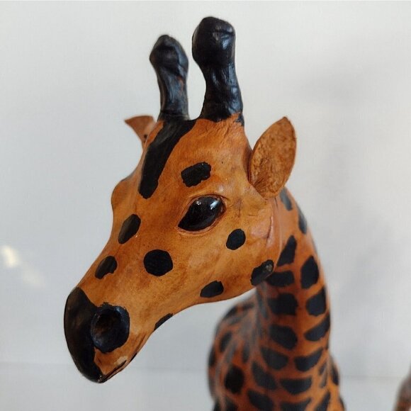 Vtg Set Of Hand Crafted Leather Wrapped Giraffe Figurines Statues 16" Glass Eye - Picture 6 of 13
